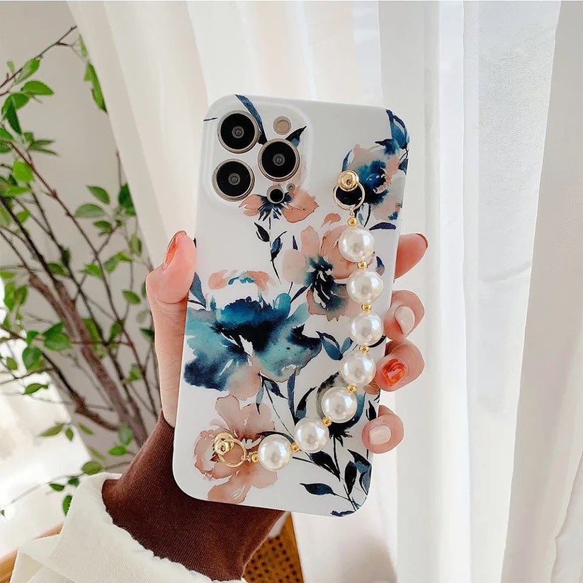 White Blue Floral Case With White Pearl Chain