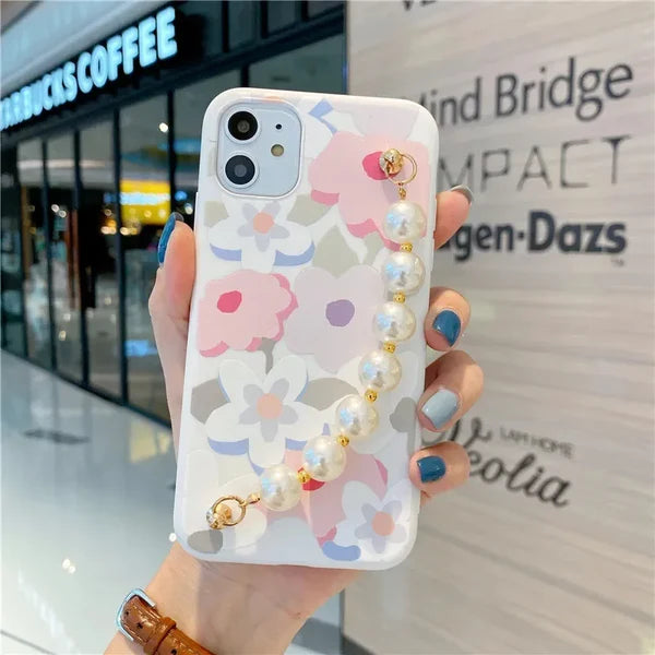 Yellow & White Flowers Pattern Case With Pearl Chain