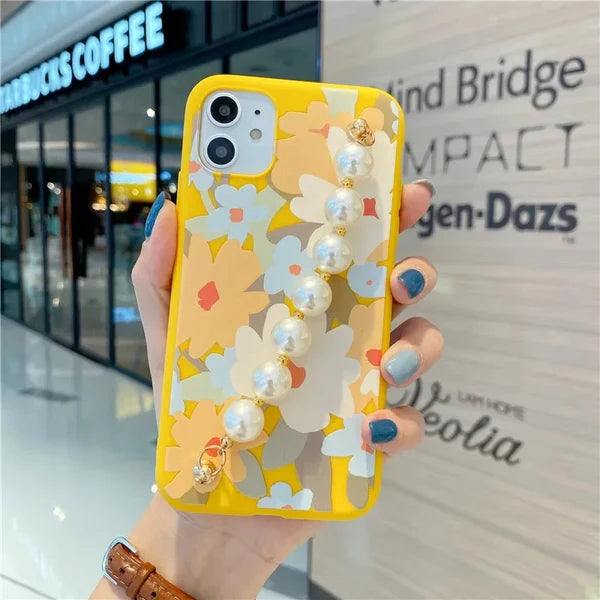 Yellow & White Flowers Pattern Case With Pearl Chain