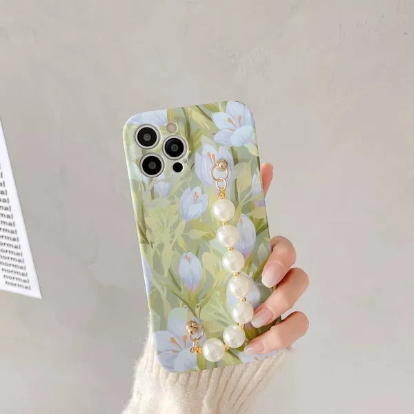 Pink and Green Flowers Cases With Pearl Chain