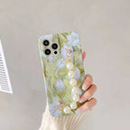 Pink and Green Flowers Cases With Pearl Chain