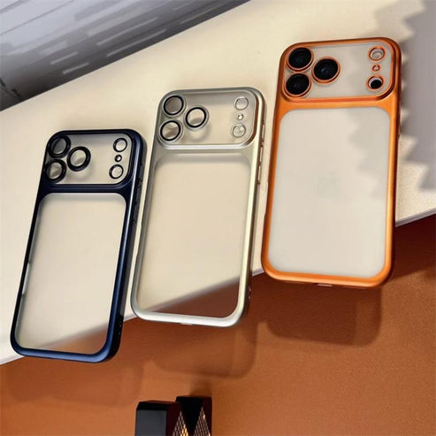 Luxury Frosted Translucent PC Phone Case Plating Frame Lens Film Protection Anti-fall Phone Cover